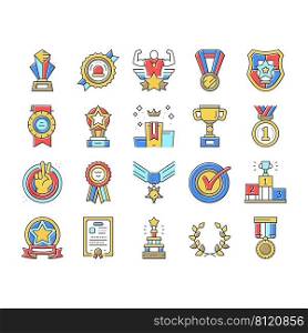 Award For Winner In Ch&ionship Icons Set Vector. Trophy Award In Form Star And Diploma Certificate For Win And Victory In Sportive Competition. Golden Medal And Cup Color Illustrations. Award For Winner In Ch&ionship Icons Set Vector