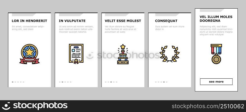 Award For Winner In Ch&ionship Onboarding Mobile App Page Screen Vector. Trophy Award In Form Star And Diploma Certificate For Win And Victory In Sportive Competition. Golden Medal Cup Illustrations. Award For Winner In Ch&ionship Onboarding Icons Set Vector