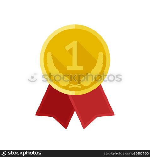 Award gold medal with red ribbons. Flat icon of golden badge.