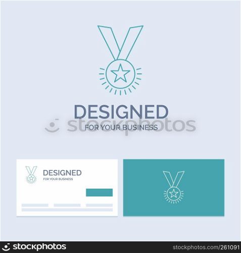 Award, honor, medal, rank, reputation, ribbon Business Logo Line Icon Symbol for your business. Turquoise Business Cards with Brand logo template