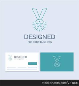 Award, honor, medal, rank, reputation, ribbon Business Logo Line Icon Symbol for your business. Turquoise Business Cards with Brand logo template