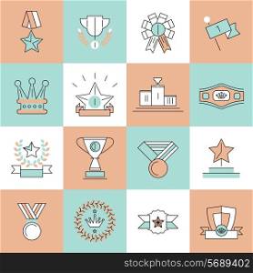 Award icons flat line set of crown insignia medallion isolated vector illustration