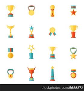 Award icons flat set of trophy medal winner prize champion cup isolated vector illustration