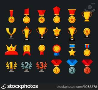 Award icons. Golden trophy cup, reward goblets and winning prize. Flat medals awards or leader achievement awarding medal. Victory champion badge emblem isolated vector symbols set. Award icons. Golden trophy cup, reward goblets and winning prize. Flat medals awards vector symbols