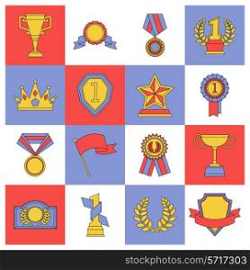 Award icons set flat line of medal flag cup competition insignia isolated vector illustration