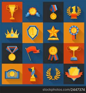 Award icons set flat of cup prize ribbon medal figurine isolated vector illustration
