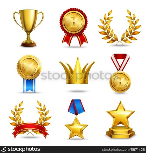 Award icons set of trophy medal winner prize champion cup isolated vector illustration