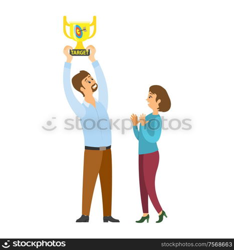 Award in hands of worker vector, man and woman celebrating success of company. Achievement of business goals and targets, champion best result of male. Woman and Man Holding Target Award, Golden Cup