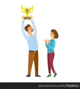 Award in hands of worker vector, man and woman celebrating success of company. Achievement of business goals and targets, champion best result of male. Woman and Man Holding Target Award, Golden Cup
