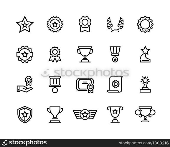 Award line icons. Winner reward, trophy medal and competition medal, premium quality symbol. Vector winner awards cup and prize set, quality concept best accomplishment. Award line icons. Winner reward, trophy medal and competition medal, premium quality symbol. Vector winner cup and prize set