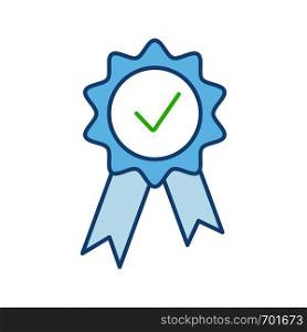 Award medal color icon. Reward. Best choice medal. Certified. Seal with ribbon and check mark. Quality badge. Isolated vector illustration. Award medal color icon