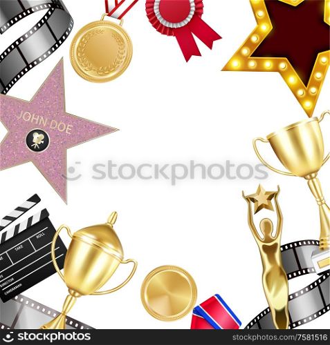 Award medal frame composition with realistic images of prizes surrounding empty space on blank background vector illustration