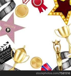 Award medal frame composition with realistic images of prizes surrounding empty space on blank background vector illustration