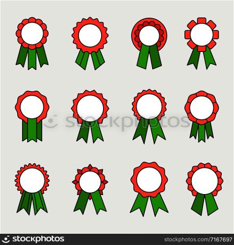 Award medals with ribbons, red and greed vector icons set. Award medals with ribbons