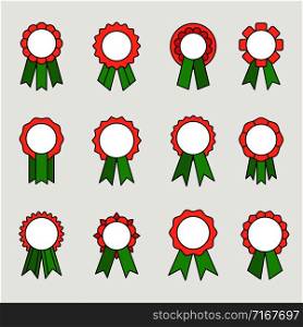 Award medals with ribbons, red and greed vector icons set. Award medals with ribbons