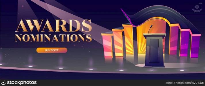 Award nominations cartoon banner with tribune, microphone, glowing spotlights in conference hall, stage for presentation, empty scene interior. Announcement of ceremony event vector poster. Award nomination cartoon landing page with tribune