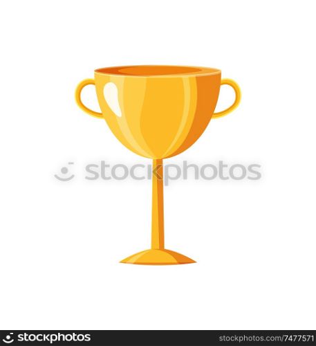 Award prize golden cup icon closeup with handles and long stand. Best victory reward shiny trophy for winner. Approval isolated on vector illustration. Award Prize Golden Cup Icon Vector Illustration