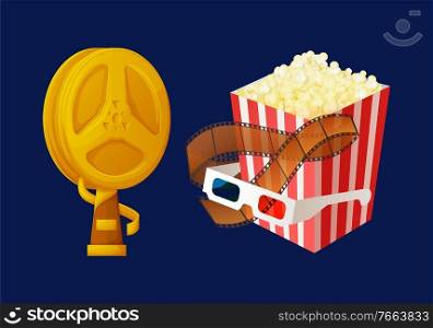 Award prize in shape of bobbin vector, movie trophy for producer and best actor flat style. Popcorn in package, glasses for 3d films watching cinema. Gold Award in Form of Bobbin, Popcorn and Glasses