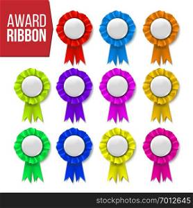 Award Ribbon Set Vector. Winner Badge. Ceremony Design. Poster, Card, Flyer. Champion Medal. Honor Icon. Retro Element. Success Emblem. Promotion Brochure Pesentation Win3D Realistic Illustration. Award Ribbon Set Vector. Certificate Banner. Celebration Tag. Advertising Event. Best Trophy. Luxury Product. Object Template. Reward Rosette. Sign. Quality Background. 3D Realistic Illustration
