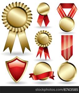 Award ribbons. Set of shiny red and gold award ribbons