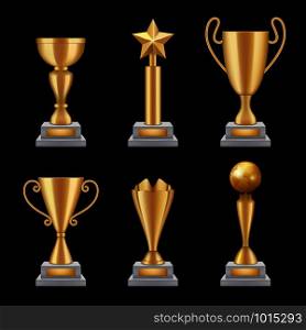 Award trophies realistic. Golden cup sport success star symbols vector 3d illustrations isolated. Gold award and trophy, victory sport. Award trophies realistic. Golden cup sport success star symbols vector 3d illustrations isolated