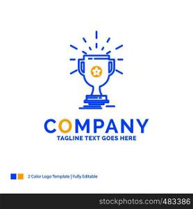 award, trophy, prize, win, cup Blue Yellow Business Logo template. Creative Design Template Place for Tagline.