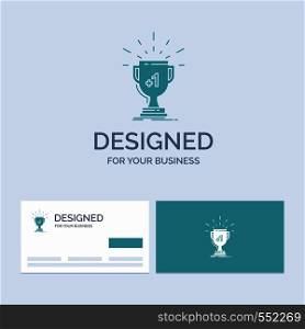 award, trophy, win, prize, first Business Logo Glyph Icon Symbol for your business. Turquoise Business Cards with Brand logo template.. Vector EPS10 Abstract Template background