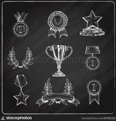 Award trophy winner prizes decorative sketch chalkboard icons set isolated vector illustration