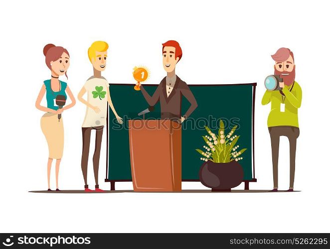 Award Winner Interview Composition. Lucky situations flat composition with prizewinner behind the podium photographer reporter and journalist doodle style characters vector illustration