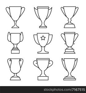 Awarding cup line icons. Winner trophy vector icon set, champ cup winning prize rewards graphic. Awarding cup line icons