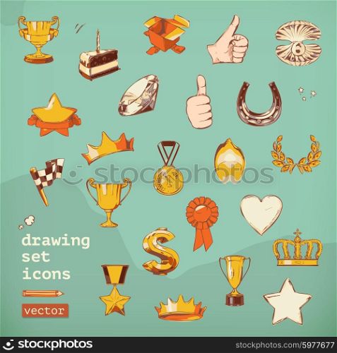 Awards and achievement, drawing set vector icons