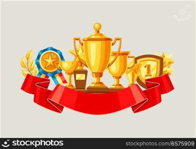 Awards and trophy background. Reward items for sports or corporate competitions.. Awards and trophy background.