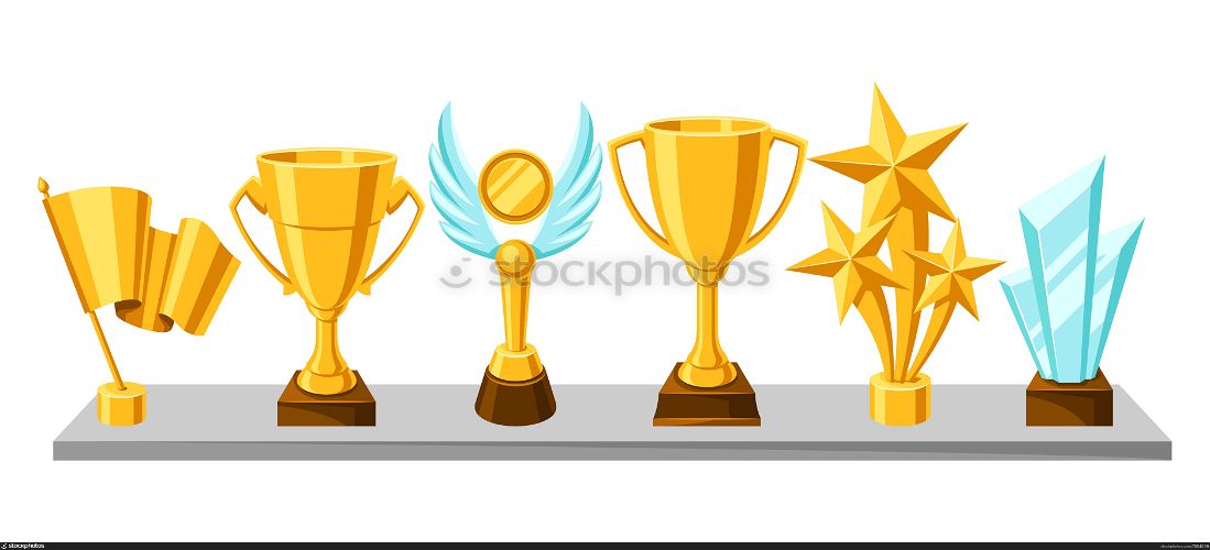 Awards and trophy on shelf. Reward illustration for sports or corporate competitions.. Awards and trophy on shelf.