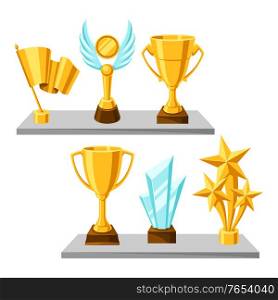 Awards and trophy on shelves. Reward illustration for sports or corporate competitions.. Awards and trophy on shelves.