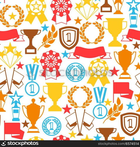 Awards and trophy seamless pattern. Reward items for sports or corporate competitions.. Awards and trophy seamless pattern.