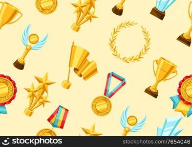 Awards and trophy seamless pattern. Reward items for sports or corporate competitions.. Awards and trophy seamless pattern.