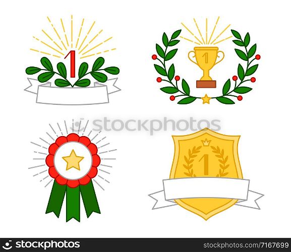 Awards colorful icons set. Vector prizez collection, luarel and cup isolated on white background. Award colorful icons set