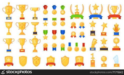 Awards flat. Different sport trophy, golden cups medals for achievements and laurel wreaths and prizes, success winners star symbols design vector icons. Awards flat. Different sport trophy, golden cups medals and laurel wreaths and prizes, winners star symbols design vector icons