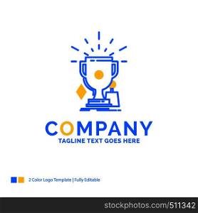 awards, game, sport, trophies, winner Blue Yellow Business Logo template. Creative Design Template Place for Tagline.