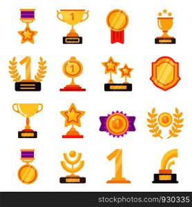 Awards icons. Trophy medal prize with ribbons for winners vector flat symbols isolated. Trophy and medal, prize and cup illustration. Awards icons. Trophy medal prize with ribbons for winners vector flat symbols isolated