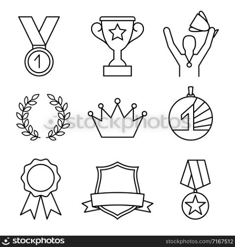 Awards line icons. Award linear sign set, awarded banners and awarding outline trophy, ranking bestowal and winning badge vector icons. Awards line icons