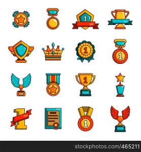 Awards medals cups icons set. Flat illustration of 16 awards medals cups vector icons for web. Awards medals cups icons set, simple style