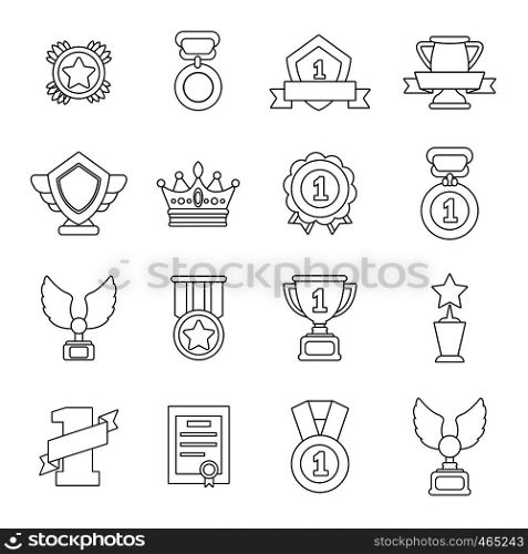 Awards medals cups icons set. Outline illustration of 16 awards medals cups vector icons for web. Awards medals cups icons set, outline style