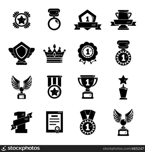 Awards medals cups icons set. Simple illustration of 16 awards medals cups vector icons for web. Awards medals cups icons set, simple style
