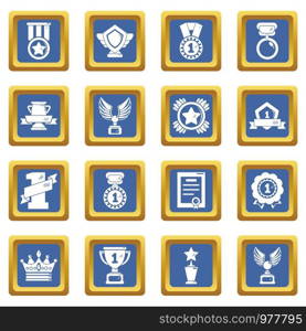 Awards medals cups icons set vector blue square isolated on white background . Awards medals cups icons set blue square vector