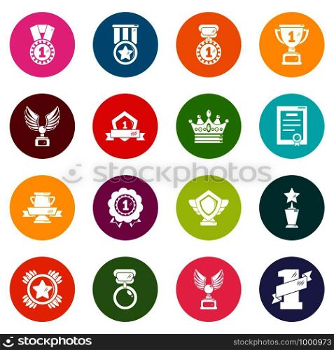 Awards medals cups icons set vector colorful circles isolated on white background . Awards medals cups icons set colorful circles vector