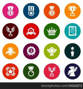 Awards medals cups icons set vector colorful circles isolated on white background . Awards medals cups icons set colorful circles vector