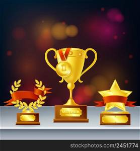 Awards realistic composition with trophies for winner, laurel wreath and star on dark blurred background vector illustration. Awards Realistic Composition