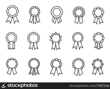 Awards ribbons line icons. Good grades ribbon linear rewards, reward seals or quality control thin badges, best certification rosettes, vector illustration. Awards ribbons line icons