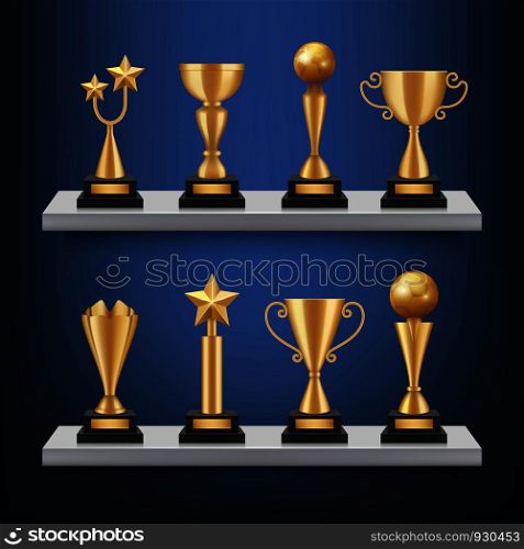 Awards shelves. Trophies medals and cups on bookshelf vector realistic concept of sport competition winners. Trophy cup for winner, success prize illustration. Awards shelves. Trophies medals and cups on bookshelf vector realistic concept of sport competition winners